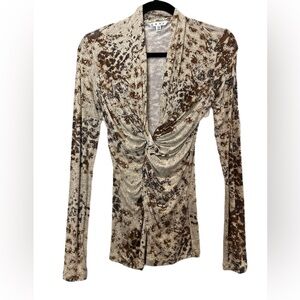 Cabi Women's Deep V-Neck Twisted Front Long Sleeve Top Multicolor‎ Print Size XS